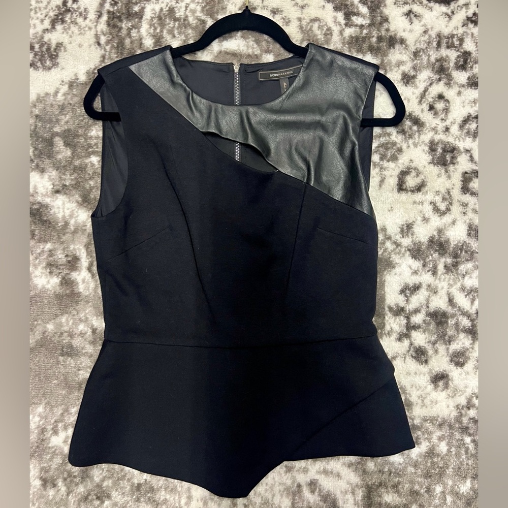 BCBGeneration Black Leather Asymmetrical Peplum Top